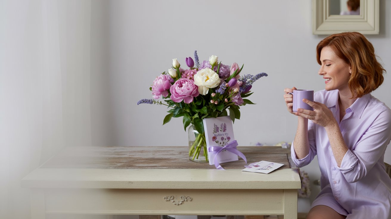 A mother, in a light tan sweater, sips her morning coffee at a kitchen table while admiring the flowers she received from Back Bay Flower Shop. Behind her is a beautiful spring scene outside her Back Bay home.